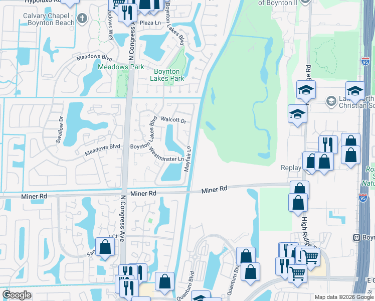 map of restaurants, bars, coffee shops, grocery stores, and more near 71 Mayfair Lane in Boynton Beach