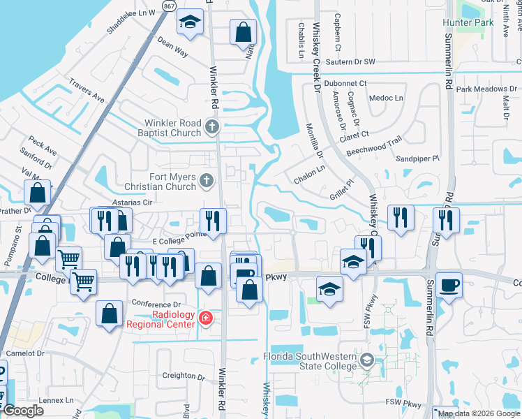map of restaurants, bars, coffee shops, grocery stores, and more near 8320 Whiskey Preserve Circle in Fort Myers