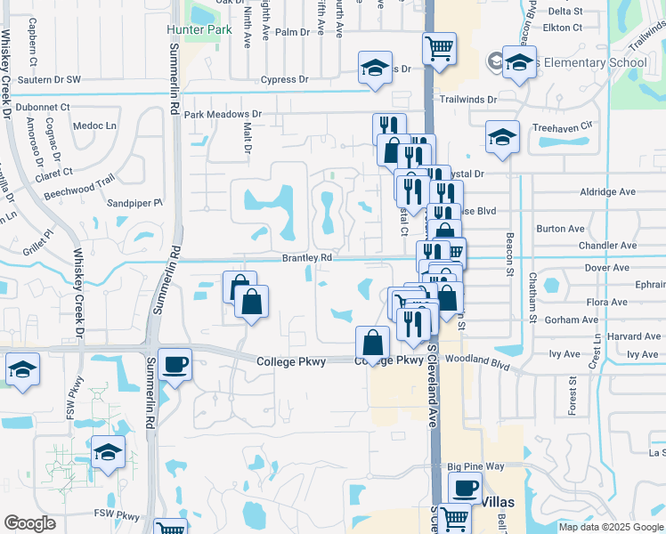 map of restaurants, bars, coffee shops, grocery stores, and more near 1830 Brantley Road in Fort Myers