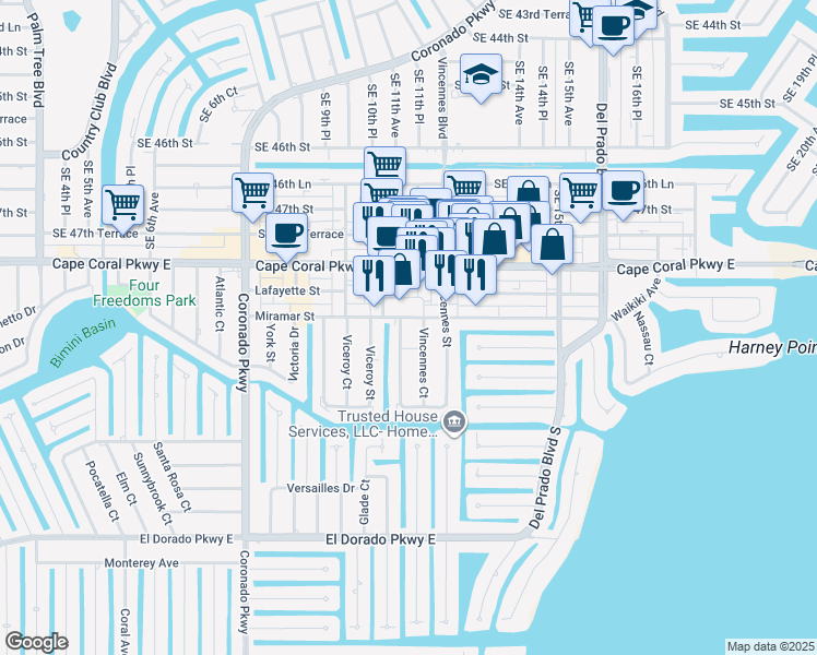 map of restaurants, bars, coffee shops, grocery stores, and more near 4903 Vincennes Street in Cape Coral