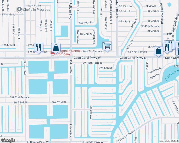 map of restaurants, bars, coffee shops, grocery stores, and more near 4911 Southwest 2nd Place in Cape Coral
