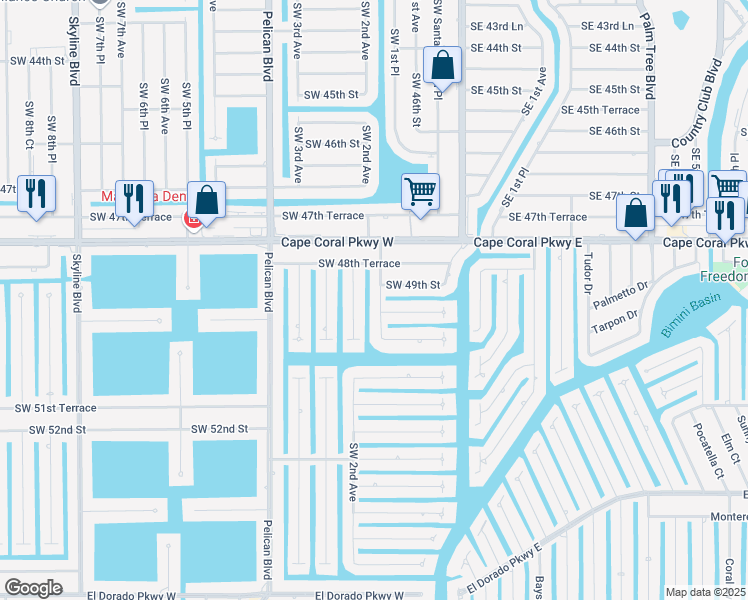 map of restaurants, bars, coffee shops, grocery stores, and more near 4912 Southwest 1st Court in Cape Coral