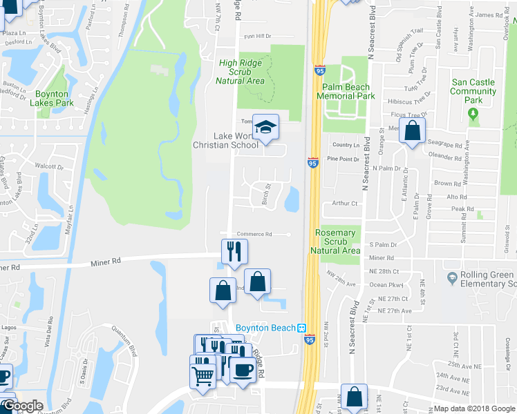 map of restaurants, bars, coffee shops, grocery stores, and more near 199 Spruce Street in Boynton Beach