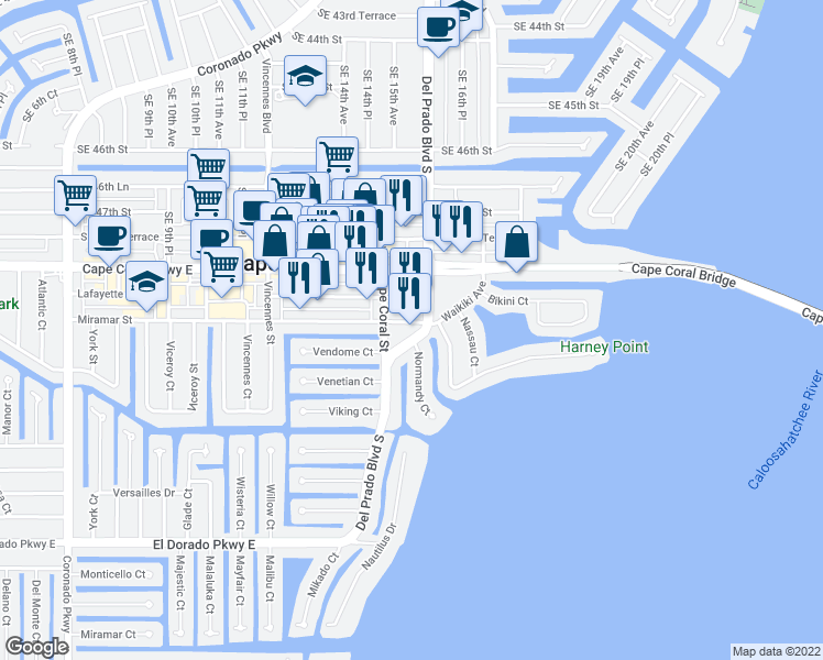 map of restaurants, bars, coffee shops, grocery stores, and more near 1502 Miramar Street in Cape Coral