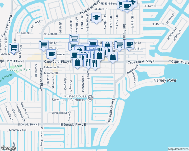 map of restaurants, bars, coffee shops, grocery stores, and more near 1210 Miramar Street in Cape Coral