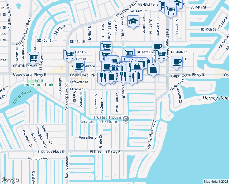 map of restaurants, bars, coffee shops, grocery stores, and more near 4913 Vincennes Court in Cape Coral