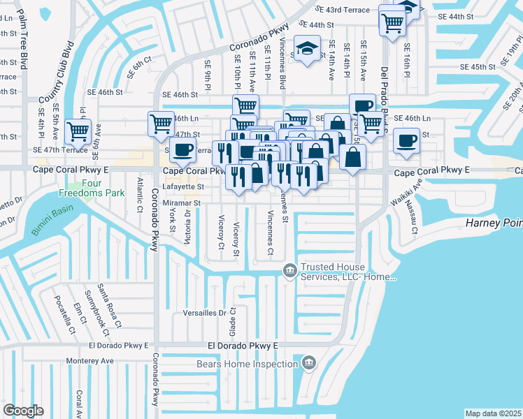 map of restaurants, bars, coffee shops, grocery stores, and more near 4913 Vincennes Court in Cape Coral