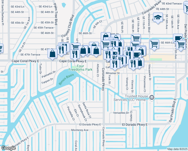 map of restaurants, bars, coffee shops, grocery stores, and more near 4838 Manor Court in Cape Coral