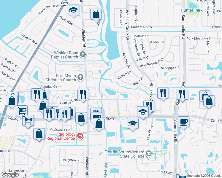 map of restaurants, bars, coffee shops, grocery stores, and more near Whiskey Preserve Circle in Whiskey Creek