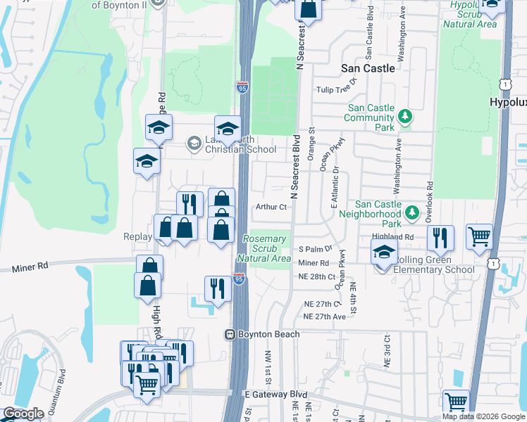map of restaurants, bars, coffee shops, grocery stores, and more near 120 Arthur Court in Boynton Beach