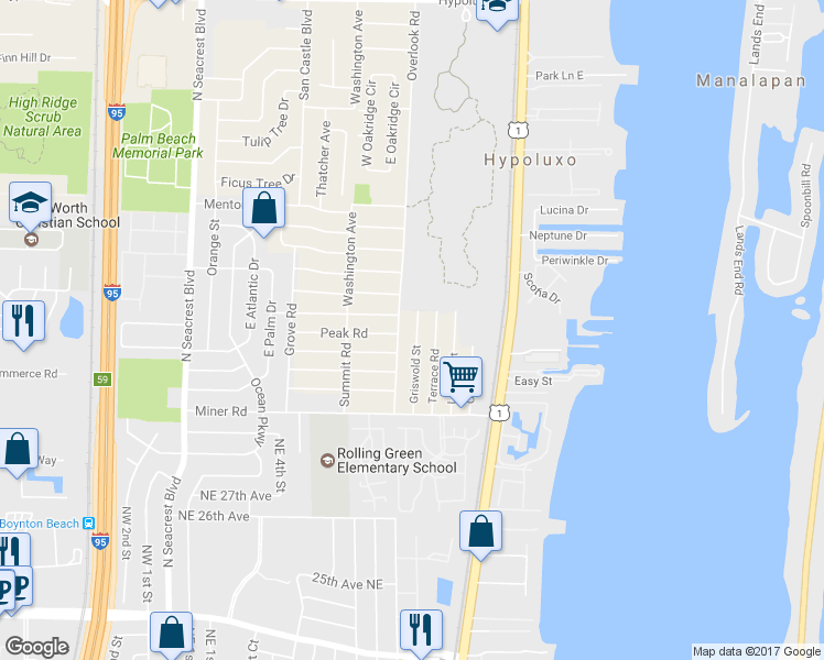 map of restaurants, bars, coffee shops, grocery stores, and more near 7795 Griswold Street in Lantana