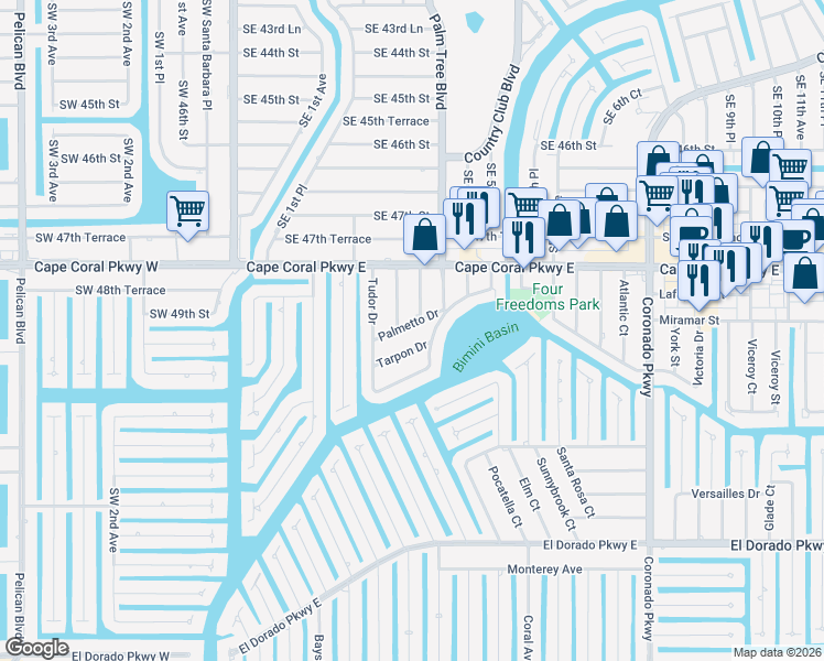 map of restaurants, bars, coffee shops, grocery stores, and more near 320 Palmetto Drive in Cape Coral