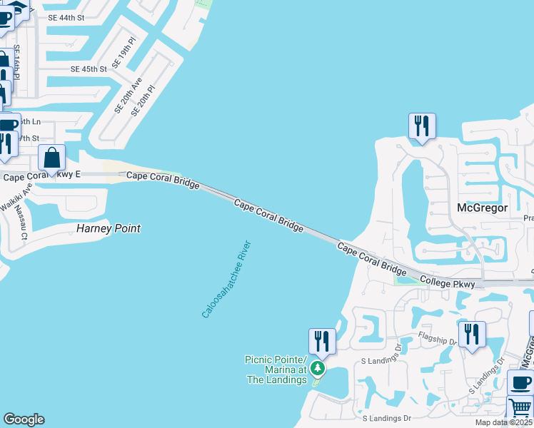 map of restaurants, bars, coffee shops, grocery stores, and more near Cape Coral Bridge in Lee County