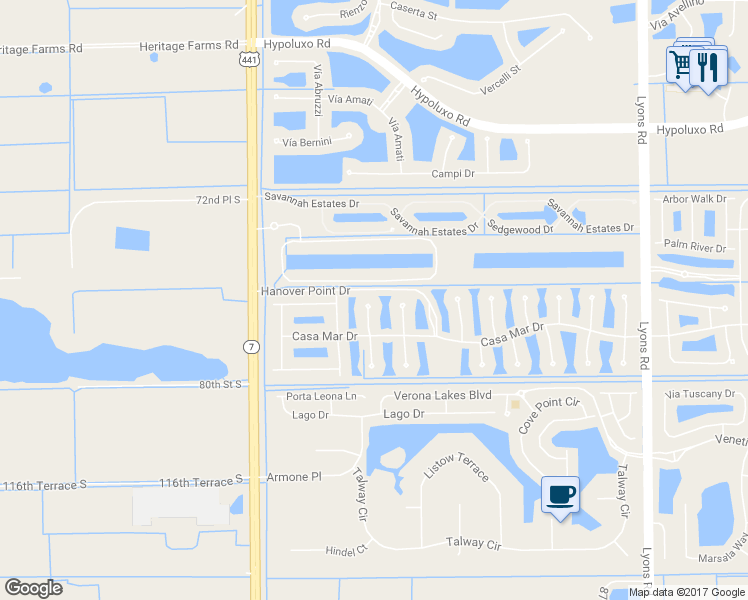 map of restaurants, bars, coffee shops, grocery stores, and more near 7788 Brookmar Court in Lake Worth