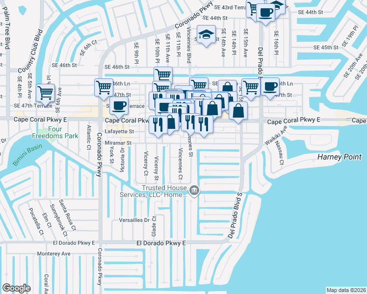map of restaurants, bars, coffee shops, grocery stores, and more near 4903 Vincennes Court in Cape Coral
