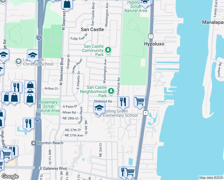 map of restaurants, bars, coffee shops, grocery stores, and more near 1055 Peak Road in Lantana