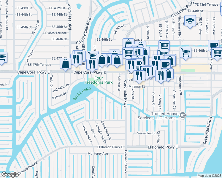 map of restaurants, bars, coffee shops, grocery stores, and more near 4838 Manor Court in Cape Coral