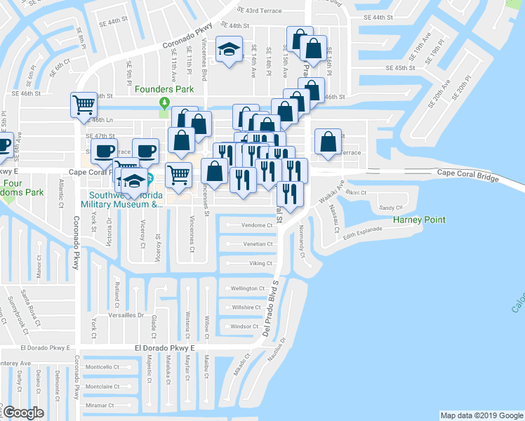 map of restaurants, bars, coffee shops, grocery stores, and more near 1410 Miramar Street in Cape Coral