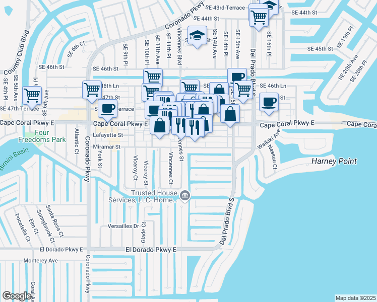 map of restaurants, bars, coffee shops, grocery stores, and more near 1210 Miramar Street in Cape Coral