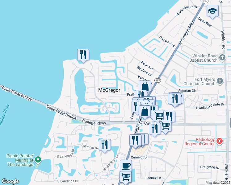 map of restaurants, bars, coffee shops, grocery stores, and more near 433 Prather Drive in Fort Myers