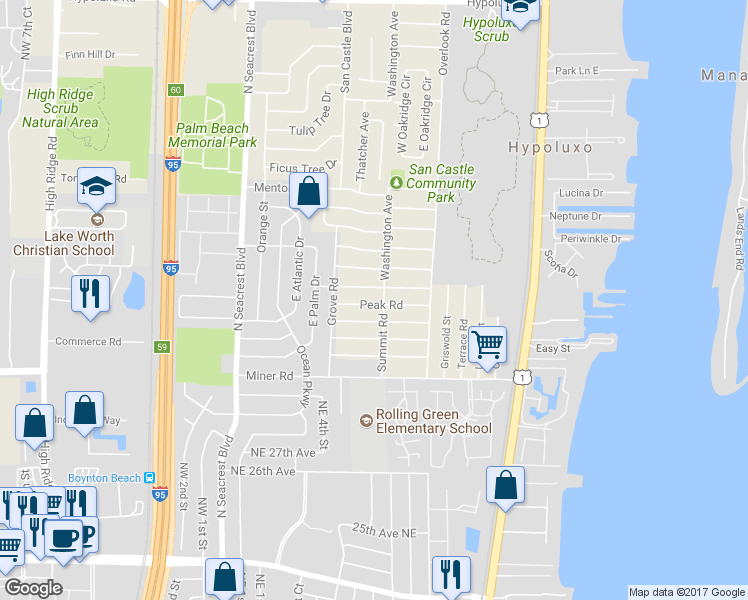 map of restaurants, bars, coffee shops, grocery stores, and more near 1141 Peak Road in Lake Worth