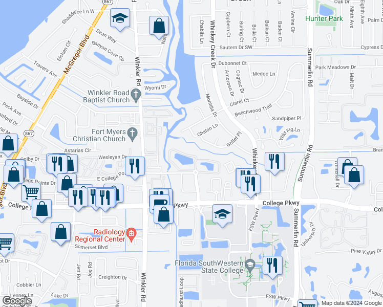 map of restaurants, bars, coffee shops, grocery stores, and more near 8345 Whiskey Preserve Circle in Fort Myers