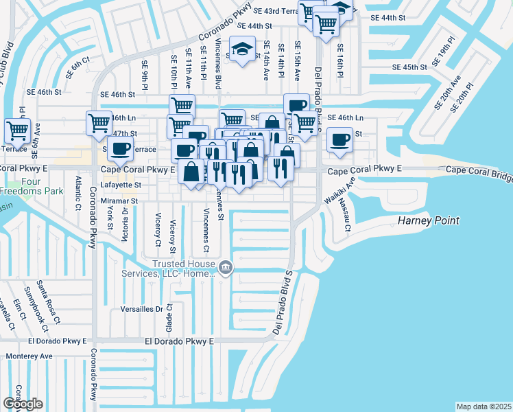 map of restaurants, bars, coffee shops, grocery stores, and more near 1316 Miramar Street in Cape Coral