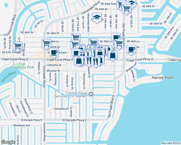 map of restaurants, bars, coffee shops, grocery stores, and more near 1210 Miramar Street in Cape Coral
