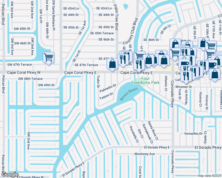 map of restaurants, bars, coffee shops, grocery stores, and more near 320 Palmetto Drive in Cape Coral