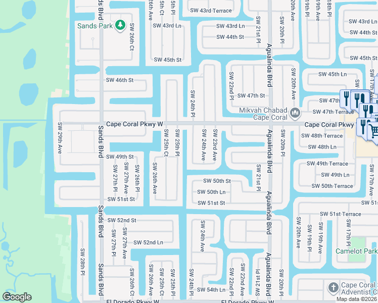 map of restaurants, bars, coffee shops, grocery stores, and more near 4832 Southwest 24th Place in Cape Coral