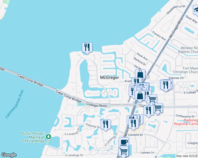 map of restaurants, bars, coffee shops, grocery stores, and more near 364 Prather Drive in Fort Myers