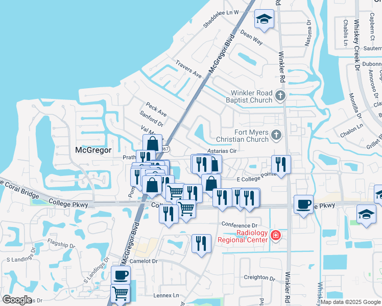 map of restaurants, bars, coffee shops, grocery stores, and more near 12505 McGregor Boulevard in Fort Myers