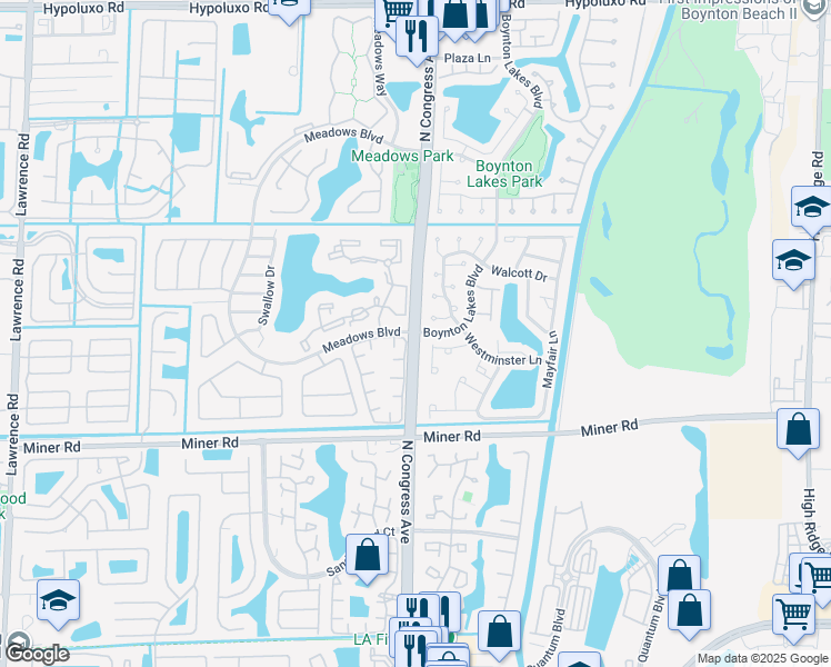 map of restaurants, bars, coffee shops, grocery stores, and more near 24 Meadows Drive in Boynton Beach