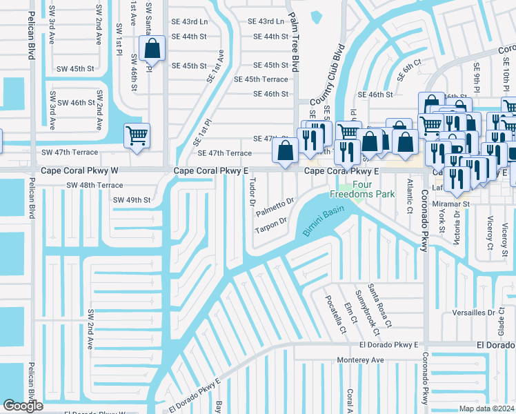 map of restaurants, bars, coffee shops, grocery stores, and more near 4838 Tudor Drive in Cape Coral