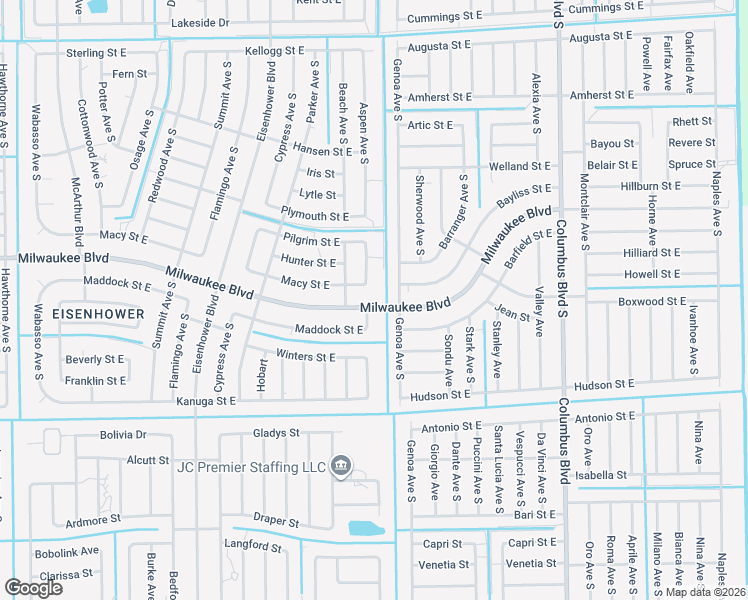 map of restaurants, bars, coffee shops, grocery stores, and more near 1055 Milwaukee Boulevard in Lehigh Acres