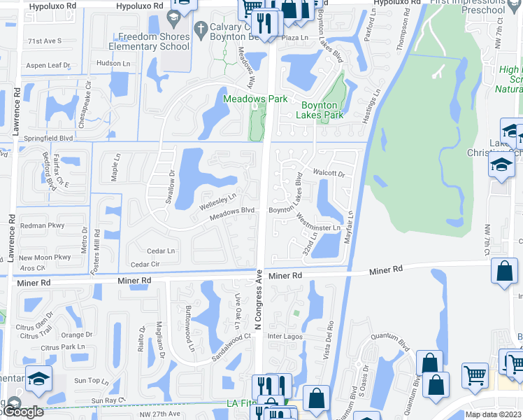 map of restaurants, bars, coffee shops, grocery stores, and more near Congress Ave & Boynton Lakes Blvd in Boynton Beach