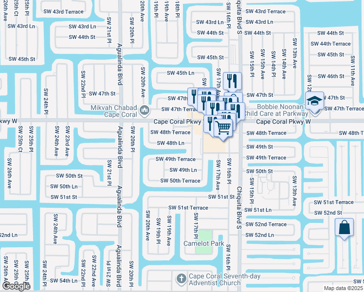 map of restaurants, bars, coffee shops, grocery stores, and more near 1812 Southwest 48th Lane in Cape Coral