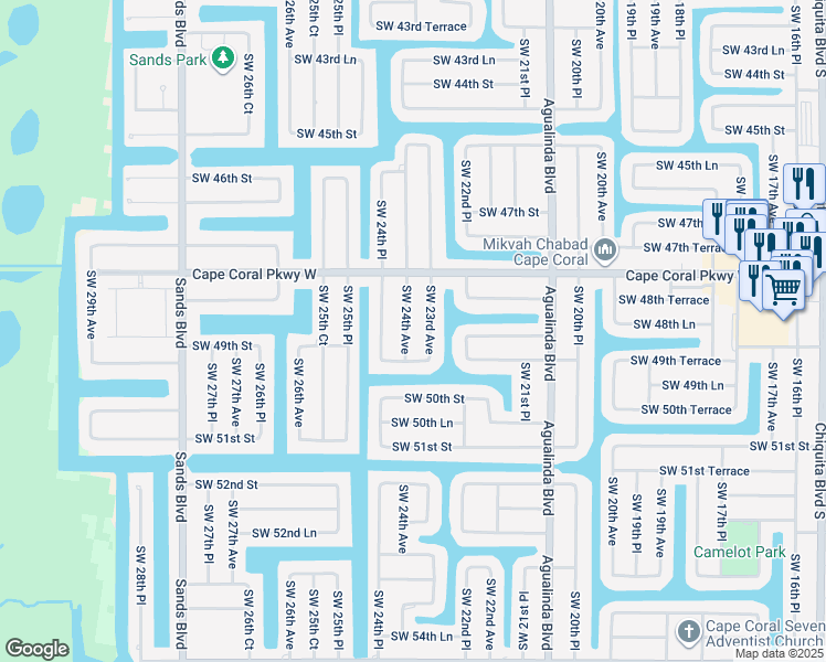 map of restaurants, bars, coffee shops, grocery stores, and more near 4833 Southwest 24th Avenue in Cape Coral