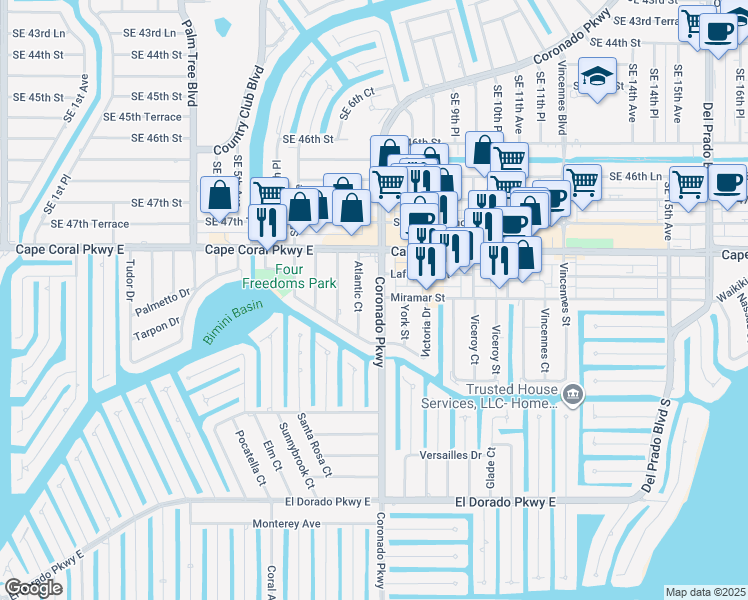 map of restaurants, bars, coffee shops, grocery stores, and more near 4830 Coronado Parkway in Cape Coral