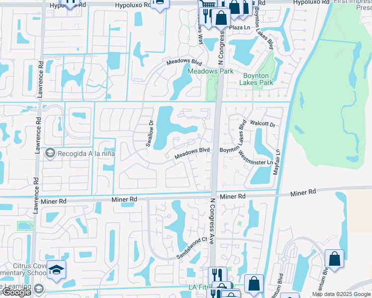 map of restaurants, bars, coffee shops, grocery stores, and more near 302 Meadows Drive in Boynton Beach