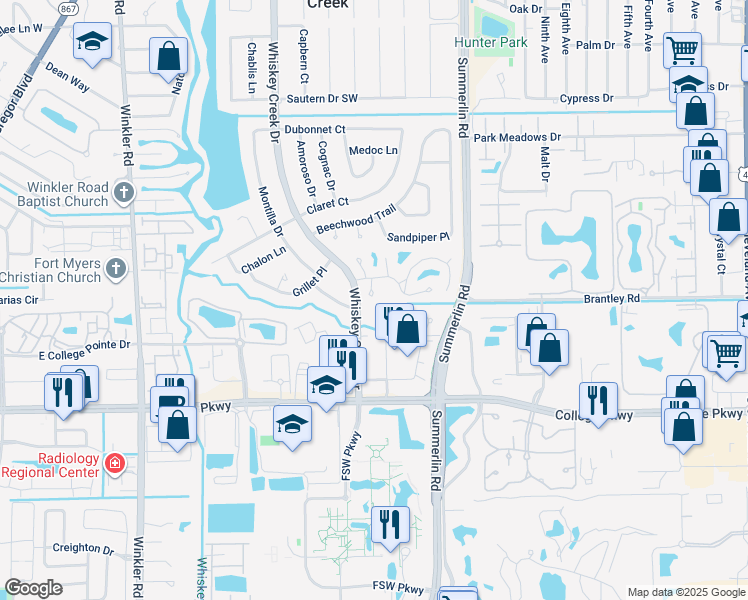 map of restaurants, bars, coffee shops, grocery stores, and more near 5888 Sand Oak Drive in Fort Myers