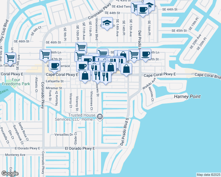 map of restaurants, bars, coffee shops, grocery stores, and more near 1316 Miramar Street in Cape Coral