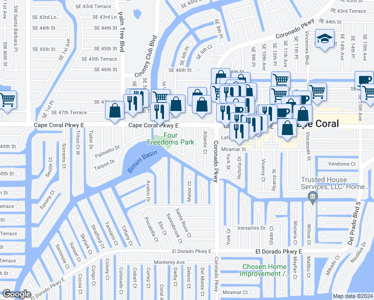 map of restaurants, bars, coffee shops, grocery stores, and more near 4838 Manor Court in Cape Coral