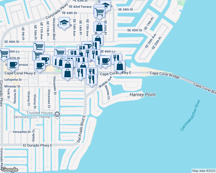map of restaurants, bars, coffee shops, grocery stores, and more near 4909 Nassau Court in Cape Coral