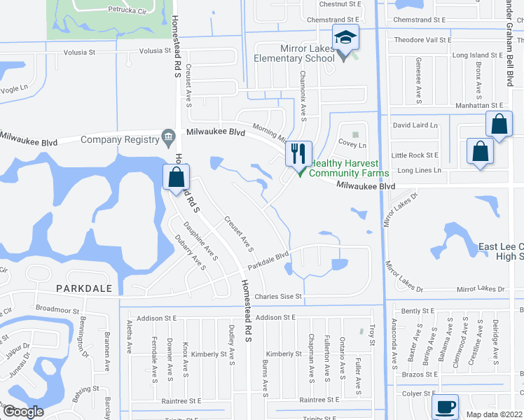 map of restaurants, bars, coffee shops, grocery stores, and more near 300 Charwood Avenue South in Lehigh Acres