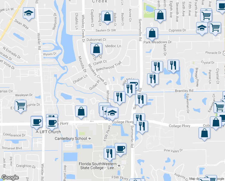 map of restaurants, bars, coffee shops, grocery stores, and more near 5888 Sand Oak Drive in Fort Myers
