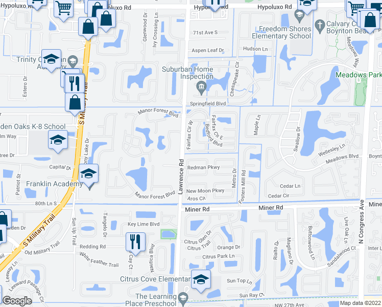 map of restaurants, bars, coffee shops, grocery stores, and more near 1053 Fairfax Circle West in Boynton Beach