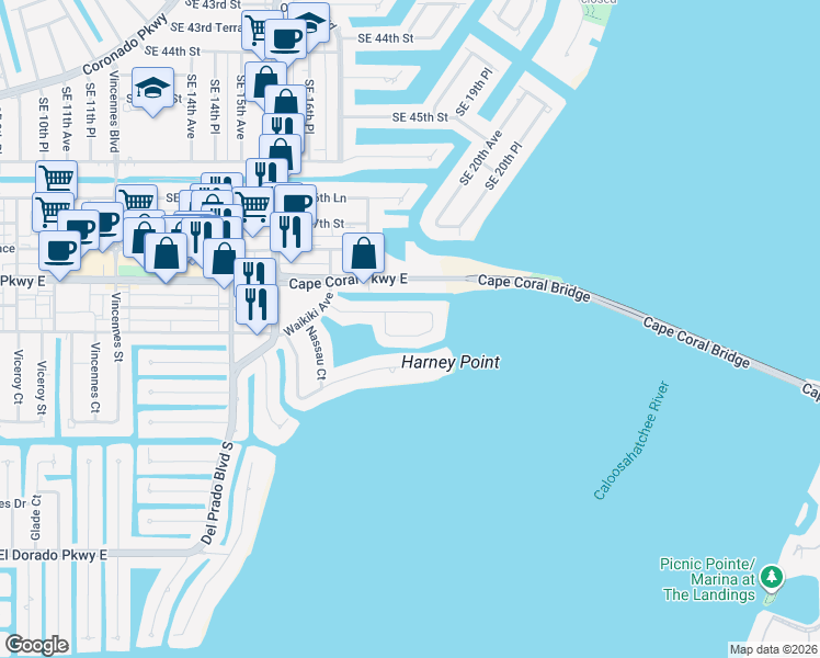map of restaurants, bars, coffee shops, grocery stores, and more near 1731 Sandy Circle in Cape Coral
