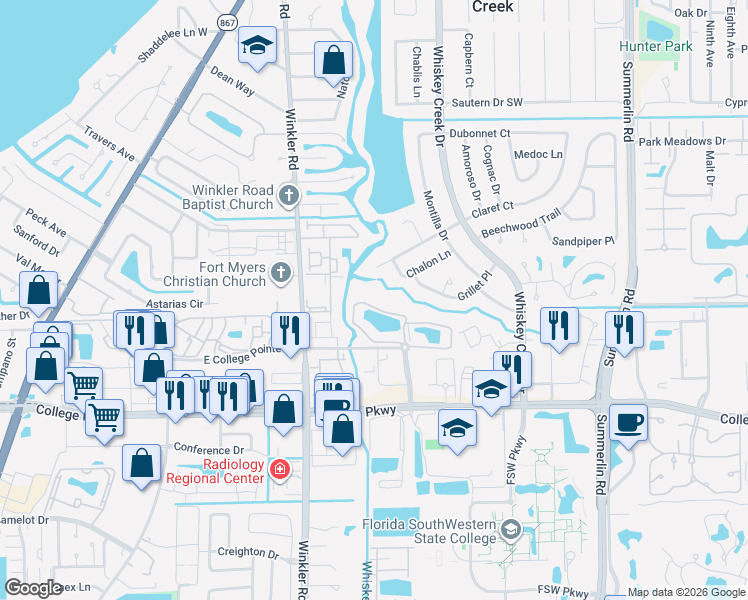 map of restaurants, bars, coffee shops, grocery stores, and more near 8320 Whiskey Preserve Circle in Fort Myers