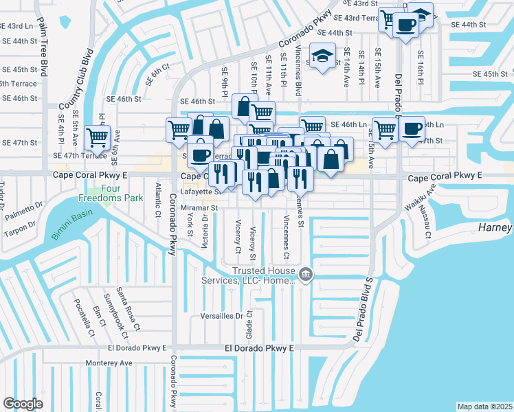 map of restaurants, bars, coffee shops, grocery stores, and more near 4951 Viceroy Street in Cape Coral